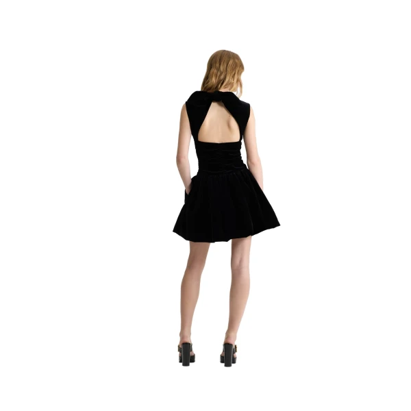 Backless mini dress with bow in Black organic cotton velvet - Image 3