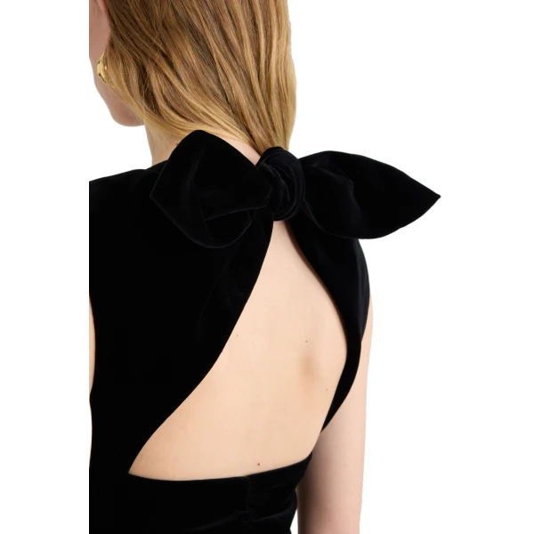 Backless mini dress with bow in Black organic cotton velvet - Image 4