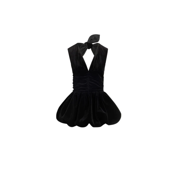 Patou Backless mini dress with bow in Black organic cotton velvet