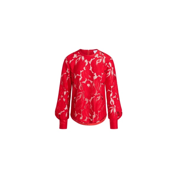 Patou Balloon sleeve top in Babylone Red organic cotton blend lace