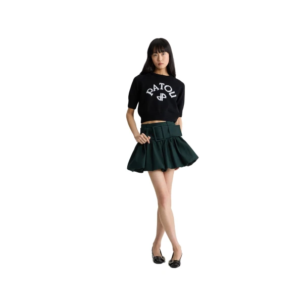 Belted bubble mini skirt in Garden Green organic cotton gabardine - Image 2