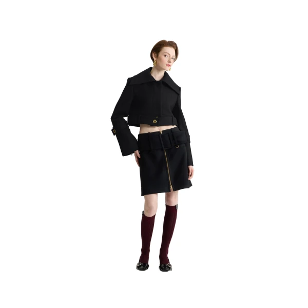 Belted cropped jacket in Black wool - Image 2