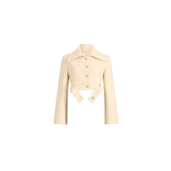 Patou Belted cropped jacket in No Label Snowberry White sustainable wool blend tweed