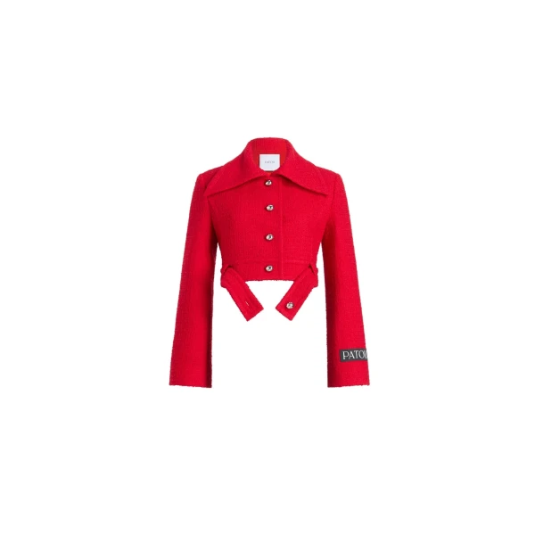 Belted cropped jacket in Scarlet Red sustainable wool blend tweed