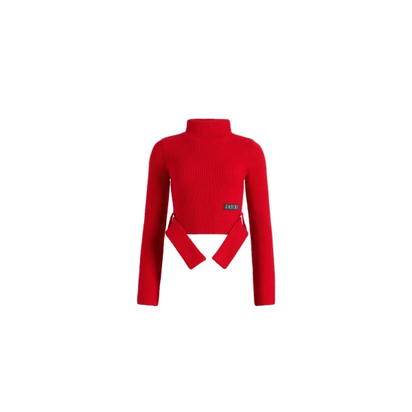 Patou Belted cropped jumper in Elixir Red wool and cashmere