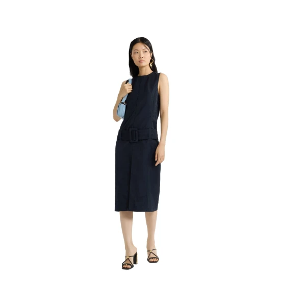Belted midi dress in Navy Black lightweight recycled nylon - Image 2