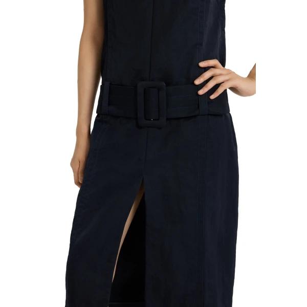 Belted midi dress in Navy Black lightweight recycled nylon - Image 4