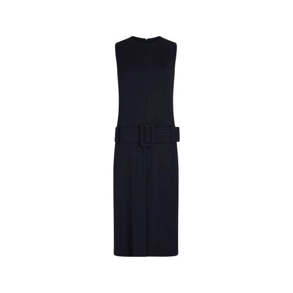 Patou Belted midi dress in Navy Black sustainable technical wool twill