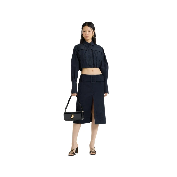 Belted midi skirt in Navy Black lightweight recycled nylon - Image 2
