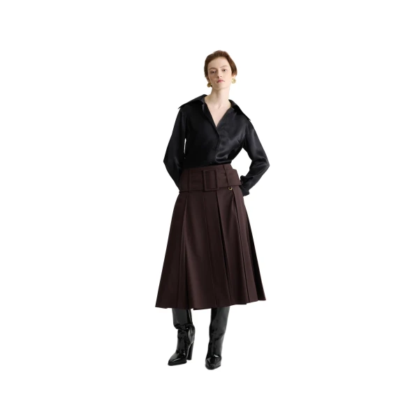 Belted midi skirt in Smoked Ebony sustainable technical wool - Image 2
