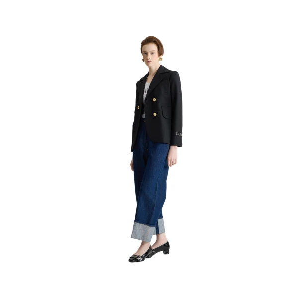 Belted tailored jacket in Black sustainable technical wool - Image 2