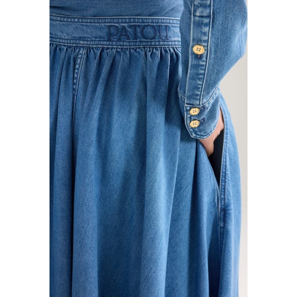 Blended cotton long buttoned skirt in Heritage Blue Wash - Image 4