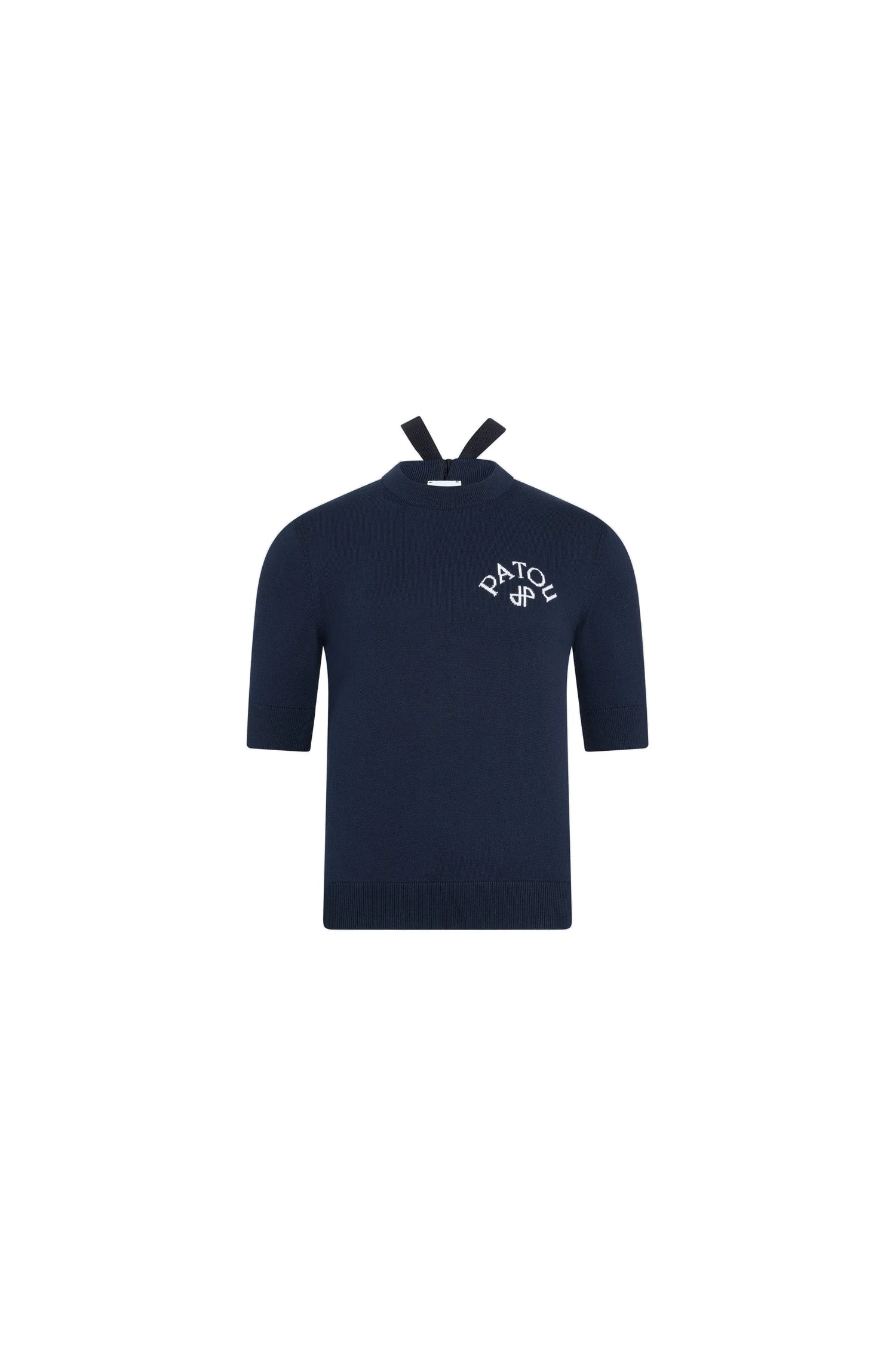 Patou Blended cotton short sleeve sweater in Deep Sea Blue | Knitwear | Coveti Patou Blended cotton short sleeve sweater in Deep Sea Blue