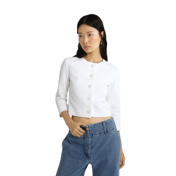 Boxy collarless jacket in White quilted sustainable viscose blend - Image 4