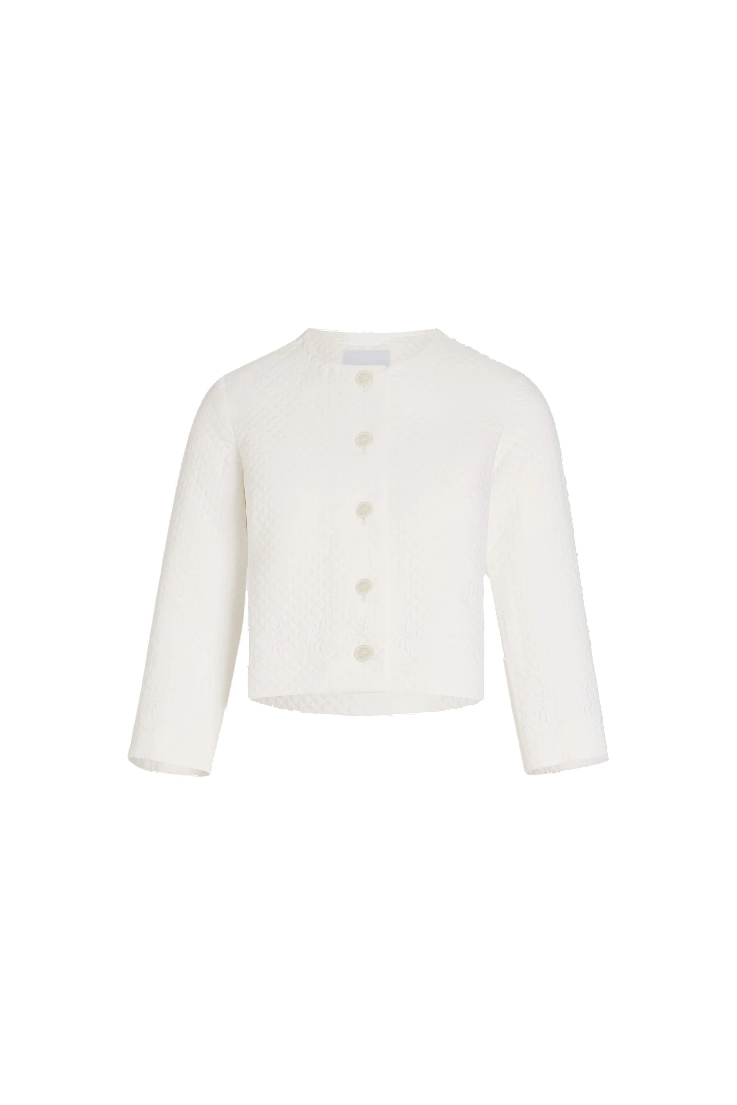 Patou Boxy collarless jacket in quilted sustainable viscose | Coveti Patou Boxy collarless jacket in White quilted sustainable viscose blend