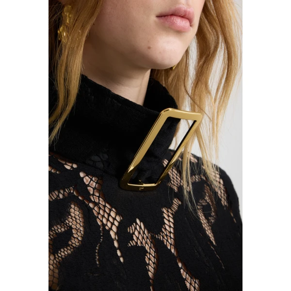 Buckle collar mini dress in Black organic cotton blend lace - Image 4