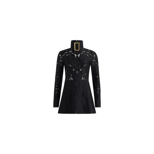 Buckle collar mini dress in Black organic cotton blend lace