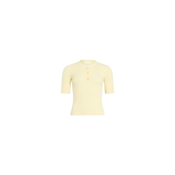 Patou Buttoned ribbed organic cotton blend T-shirt in Limelight
