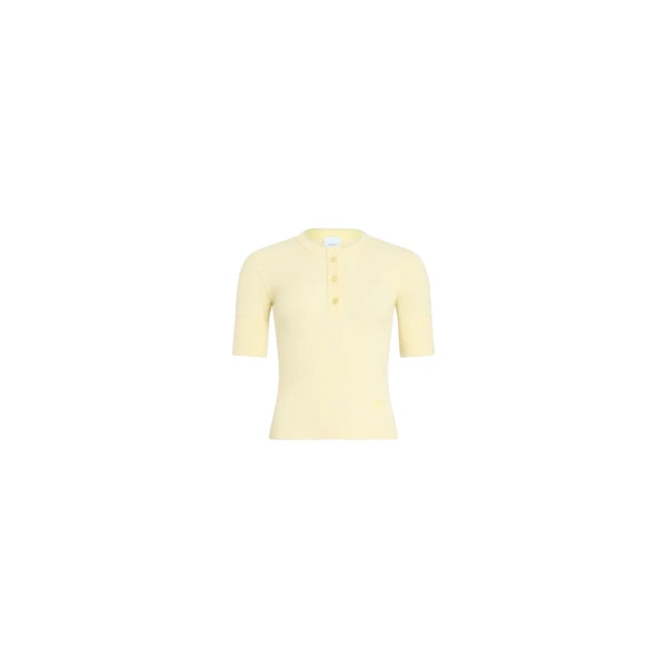 Buttoned ribbed organic cotton blend T-shirt in Limelight