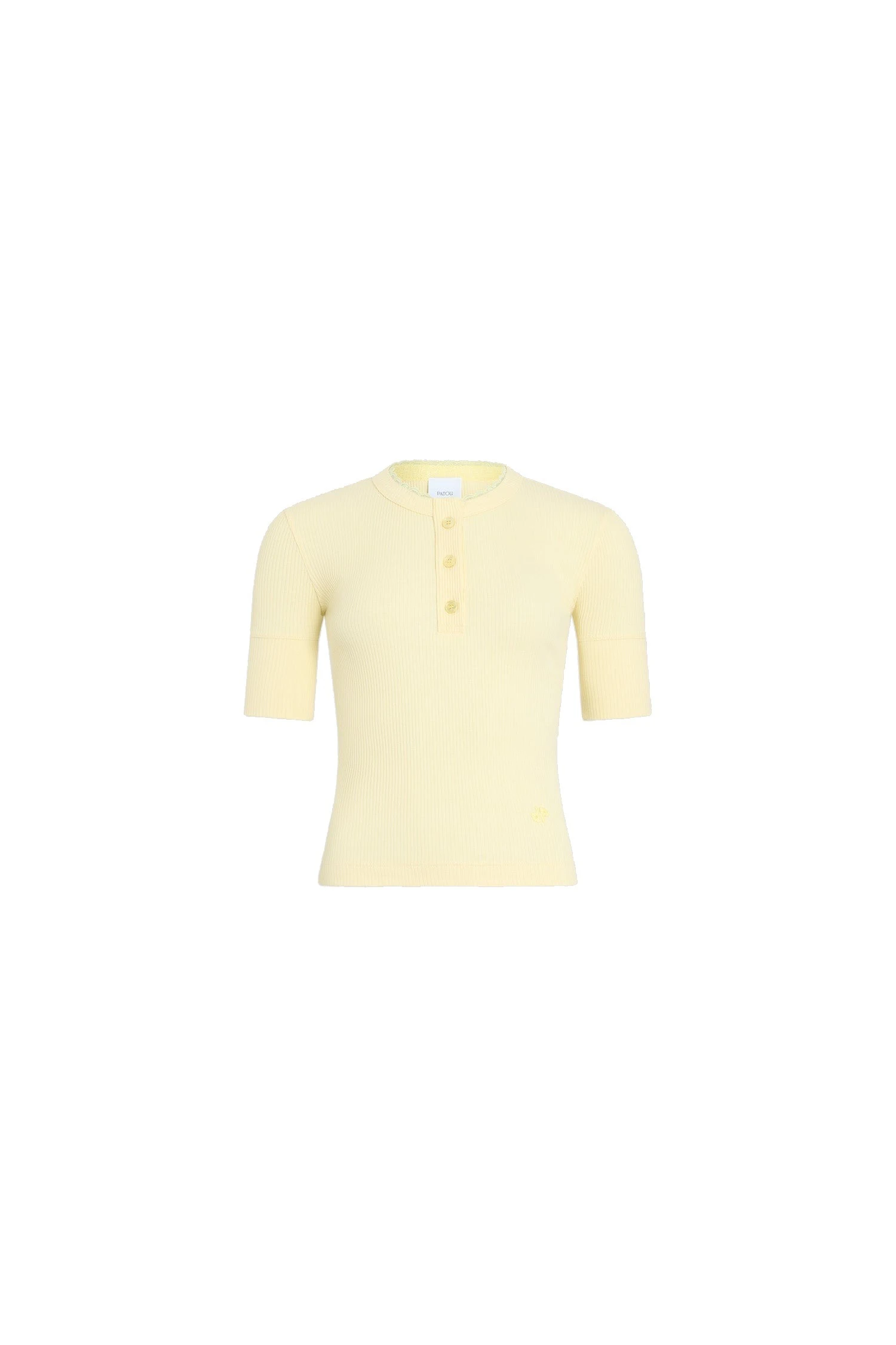 Patou Buttoned ribbed organic cotton blend T-shirt in Limelight | Tops | Coveti Patou Buttoned ribbed organic cotton blend T-shirt in Limelight