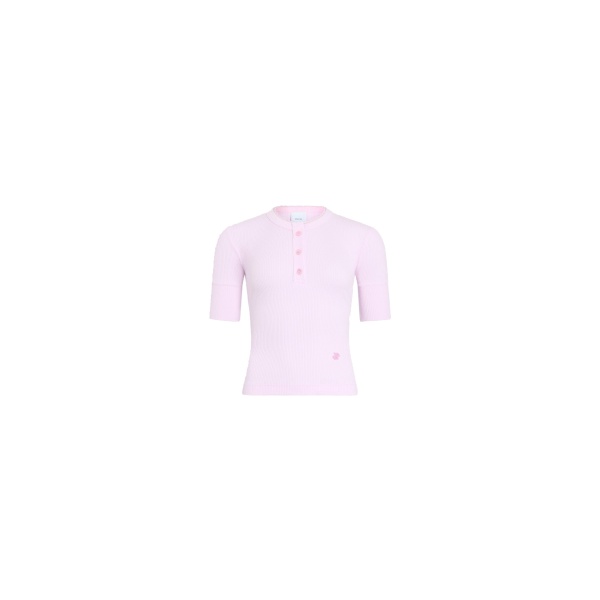Patou Buttoned ribbed organic cotton blend T-shirt in Pink Parfait