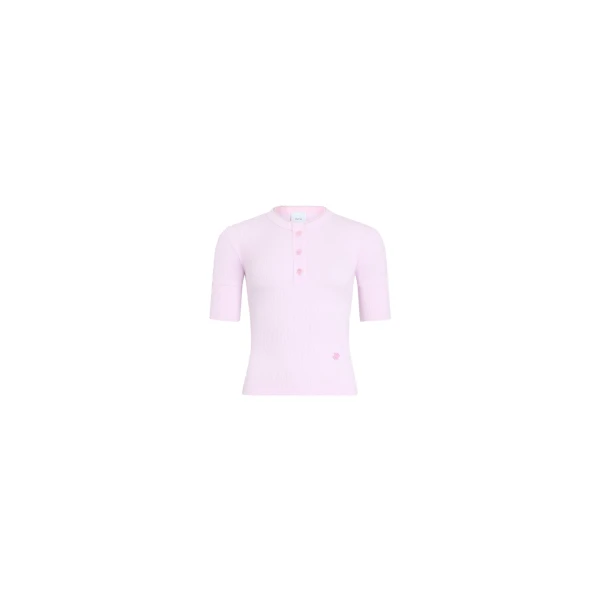 Patou Buttoned ribbed organic cotton blend T-shirt in Pink Parfait
