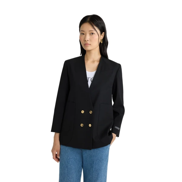 Collarless double-breasted jacket in Black tech wool - Image 4