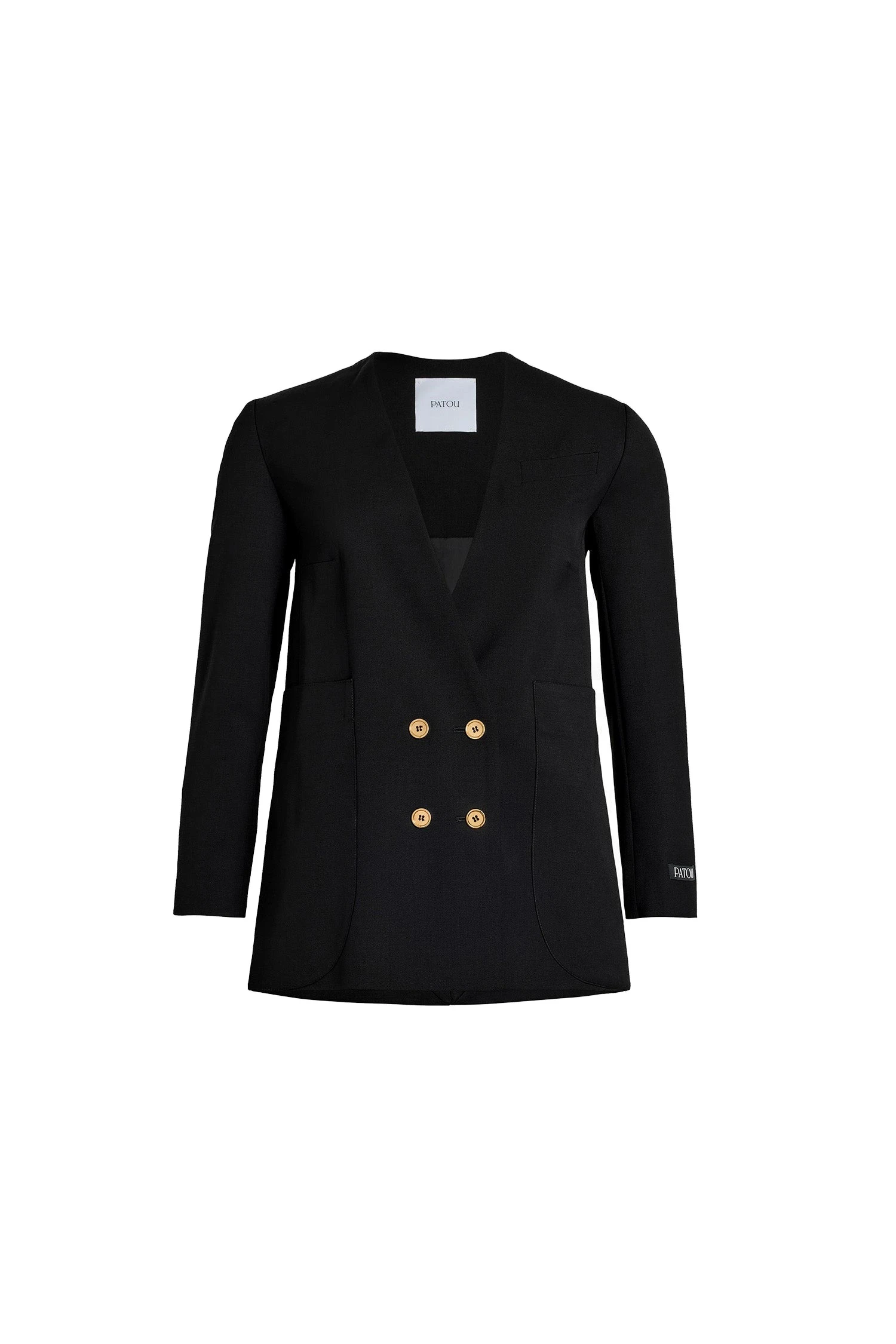 Patou Collarless double-breasted jacket in tech wool | Coveti Patou Collarless double-breasted jacket in Black tech wool