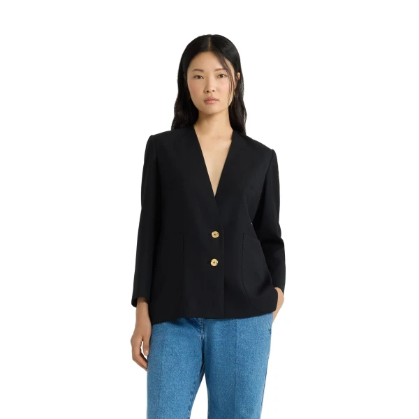 Collarless jacket in Black sustainable technical wool twill - Image 4