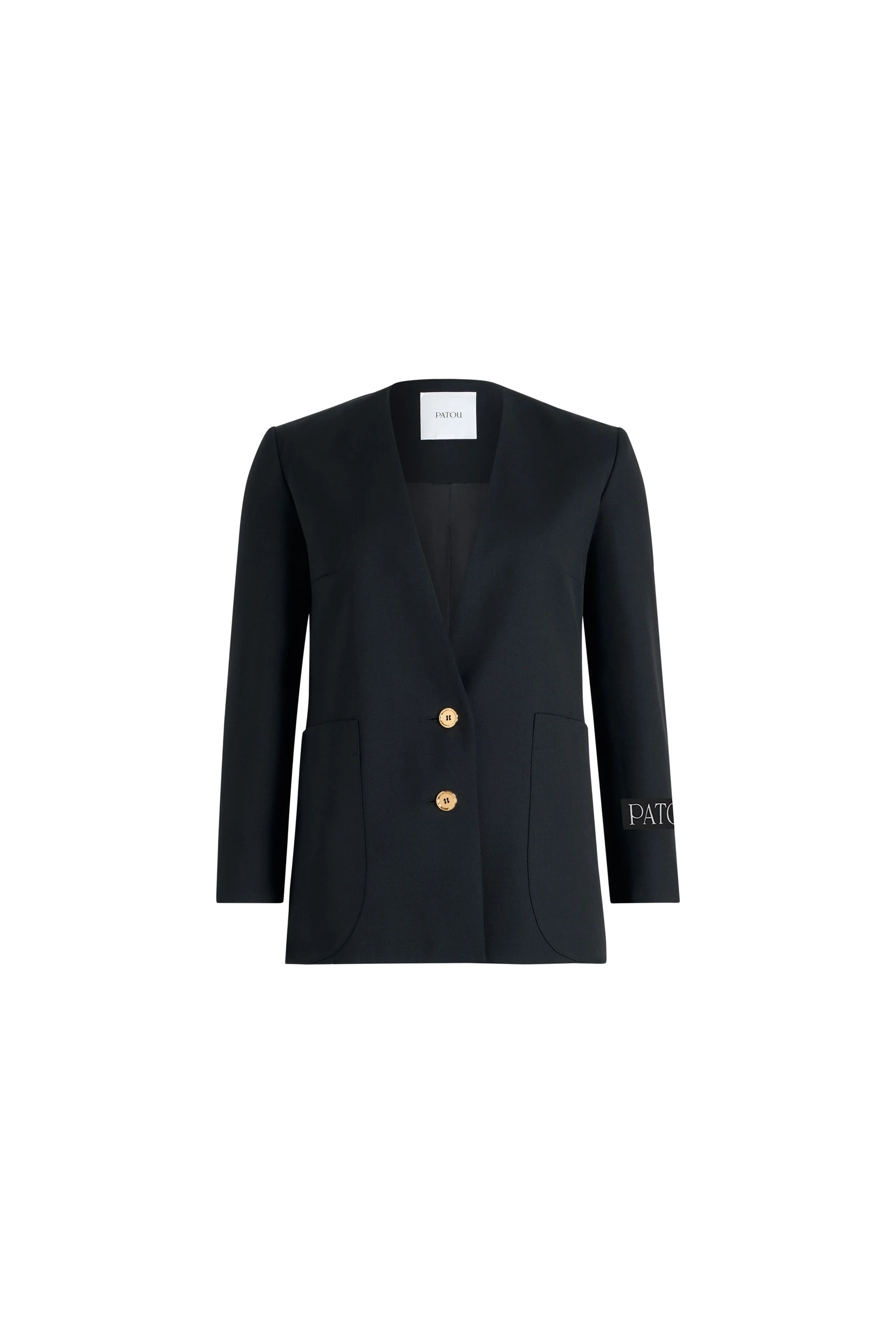 Patou Collarless jacket in sustainable technical wool twill | Coveti Patou Collarless jacket in Black sustainable technical wool twill