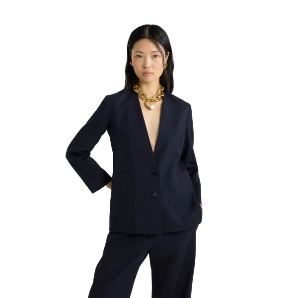 Collarless jacket in Navy Black sustainable technical wool twill - Image 4