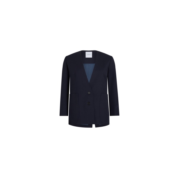 Patou Collarless jacket in Navy Black sustainable technical wool twill