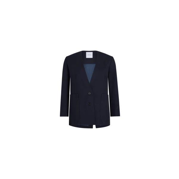 Patou Collarless jacket in Navy Black sustainable technical wool twill