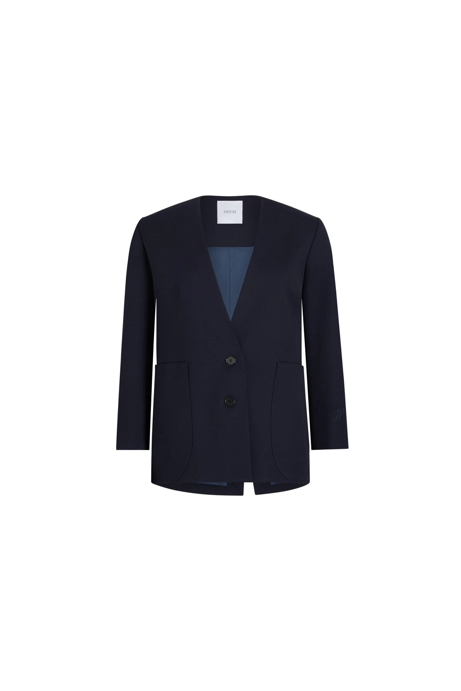 Patou Collarless jacket in sustainable technical wool twill | Coveti Patou Collarless jacket in Navy Black sustainable technical wool twill