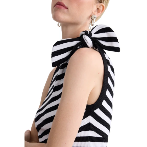 Cotton ribbed striped asymmetric short dress in Black White Stripes - Image 4