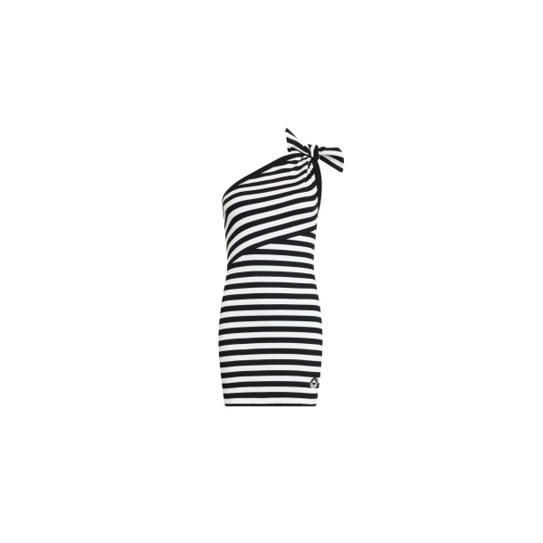 Patou Cotton ribbed striped asymmetric short dress in Black White Stripes