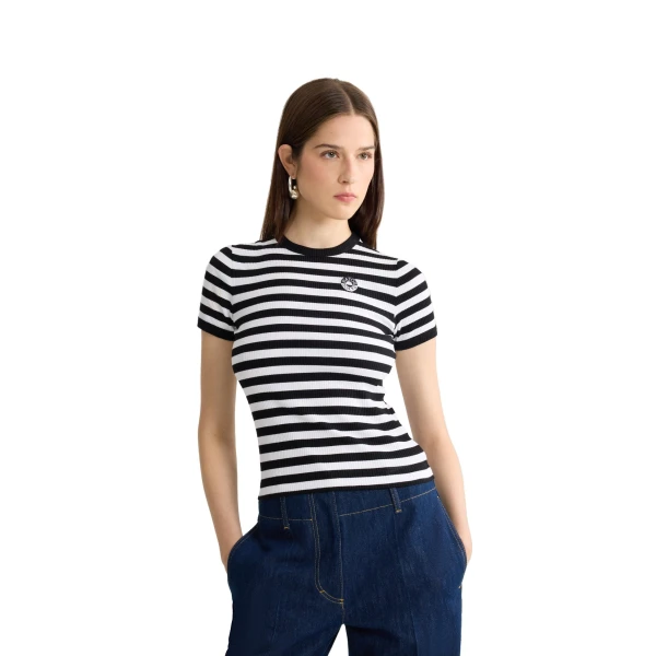Cotton ribbed striped t-shirt in Black White Stripes - Image 4