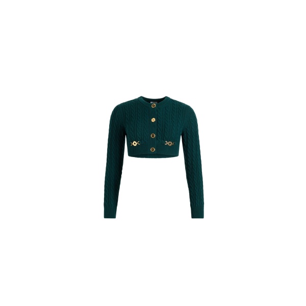 Patou Cropped cable cardigan in Imperial Green wool and cashmere