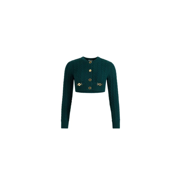 Patou Cropped cable cardigan in Imperial Green wool and cashmere