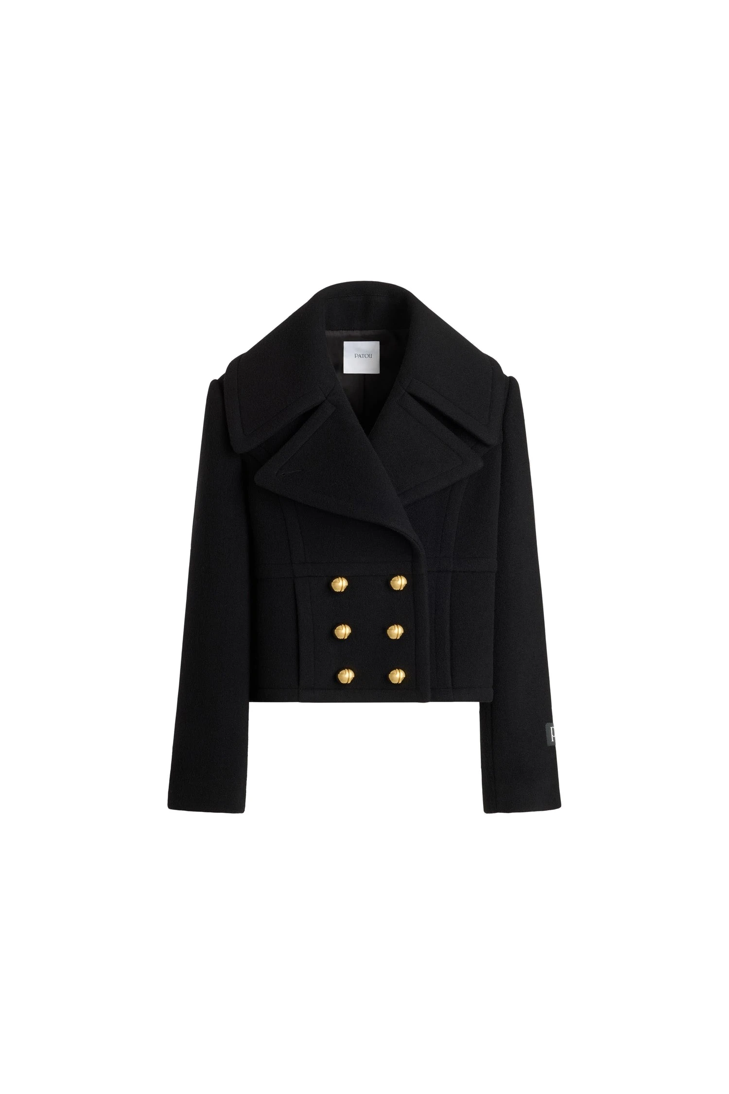 Patou Cropped double-breasted coat in Black sustainable wool blend | Coats | Coveti Patou Cropped double-breasted coat in Black sustainable wool blend
