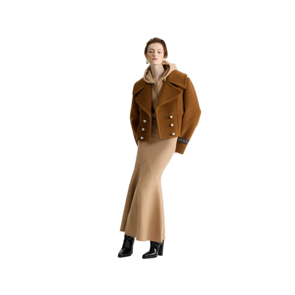 Cropped double-breasted coat in Mahogany sustainable wool blend - Image 2