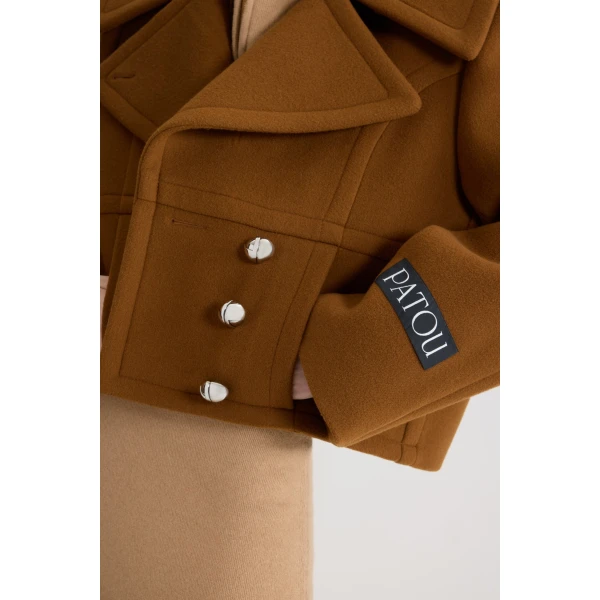 Cropped double-breasted coat in Mahogany sustainable wool blend - Image 4