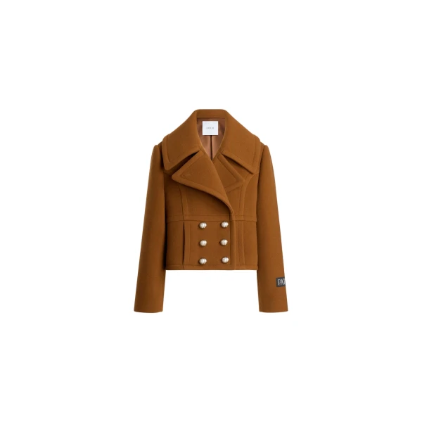 Cropped double-breasted coat in Mahogany sustainable wool blend