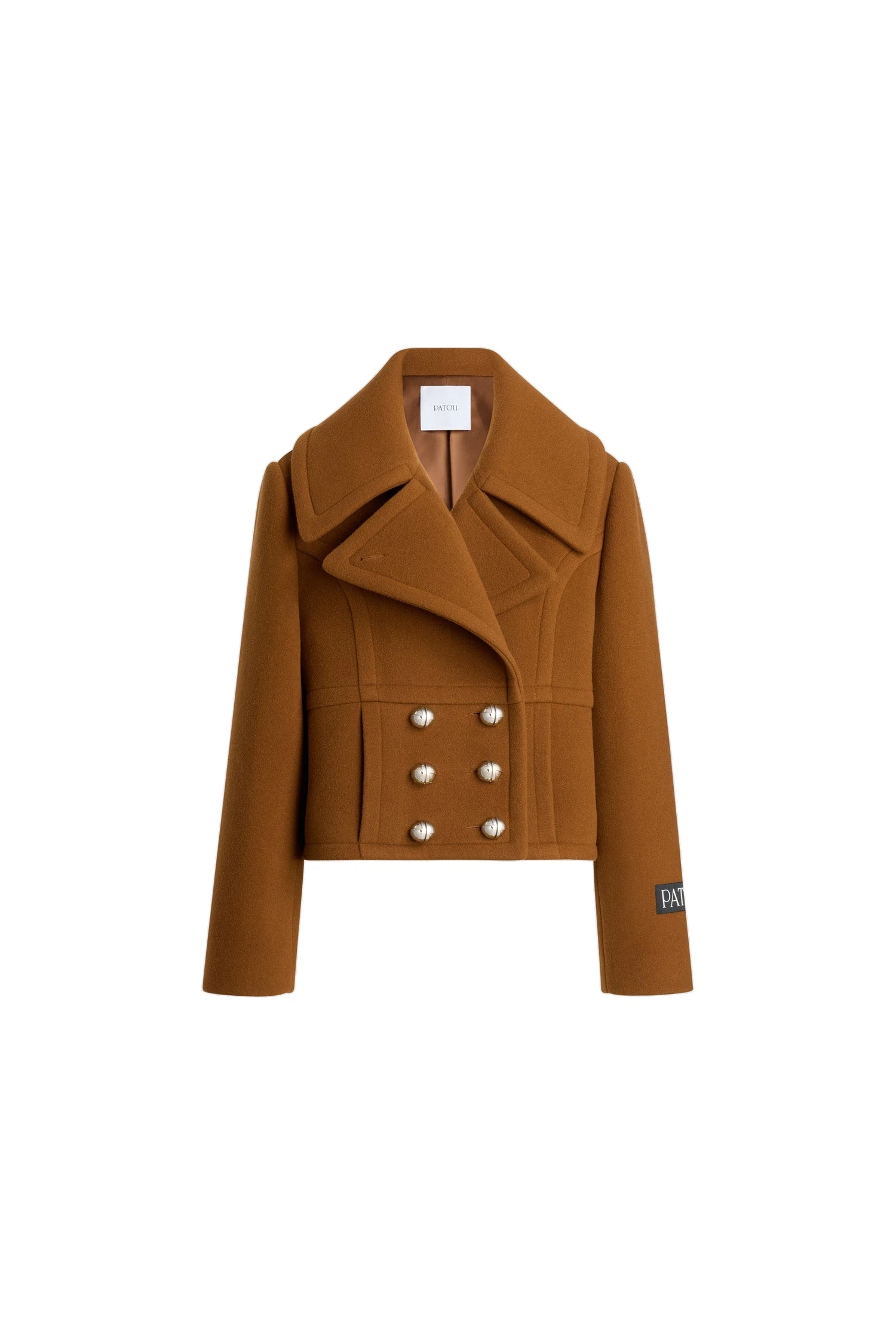 Patou Cropped double-breasted coat in Mahogany sustainable wool blend | Coats | Coveti Patou Cropped double-breasted coat in Mahogany sustainable wool blend