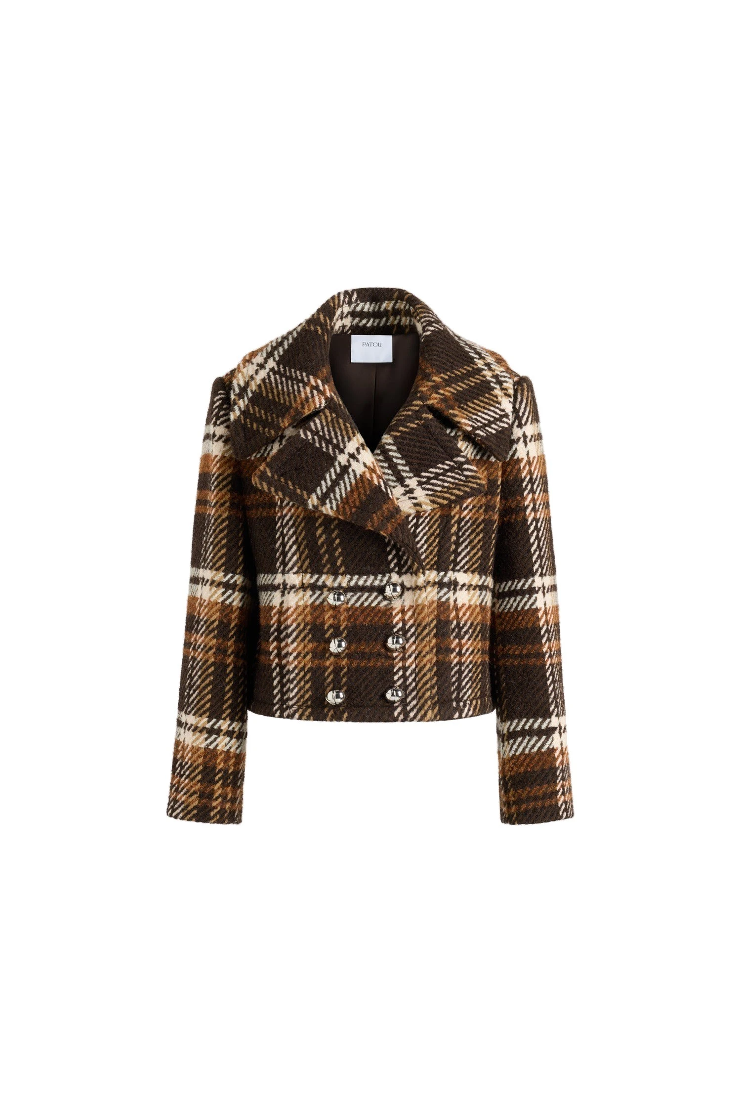 Patou Cropped double-breasted coat in No Label Autumn Checkerboard wool blend | Coats | Coveti Patou Cropped double-breasted coat in No Label Autumn Checkerboard wool blend