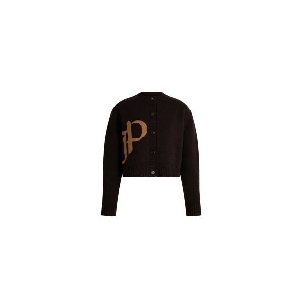 Patou Cropped monogram cardigan in Winter Mocha wool and cashmere