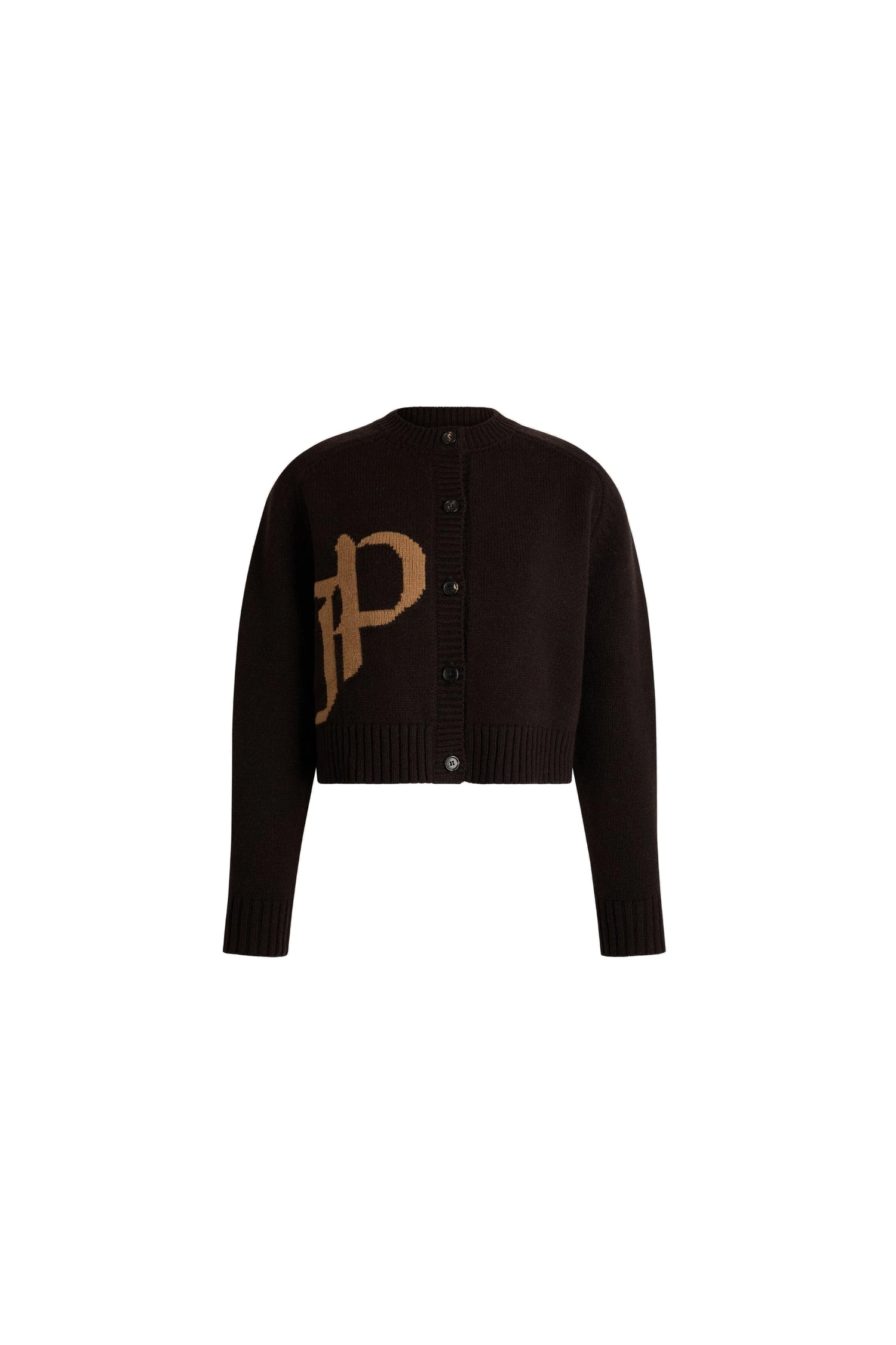 Patou Cropped monogram cardigan in Winter Mocha wool and cashmere | Knitwear | Coveti Patou Cropped monogram cardigan in Winter Mocha wool and cashmere