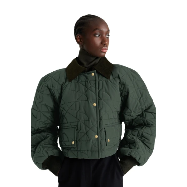 Cropped quilted bomber in Bottle Green recycled nylon - Image 4