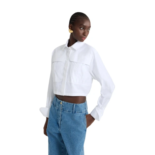 Cropped safari shirt in White organic cotton poplin - Image 4