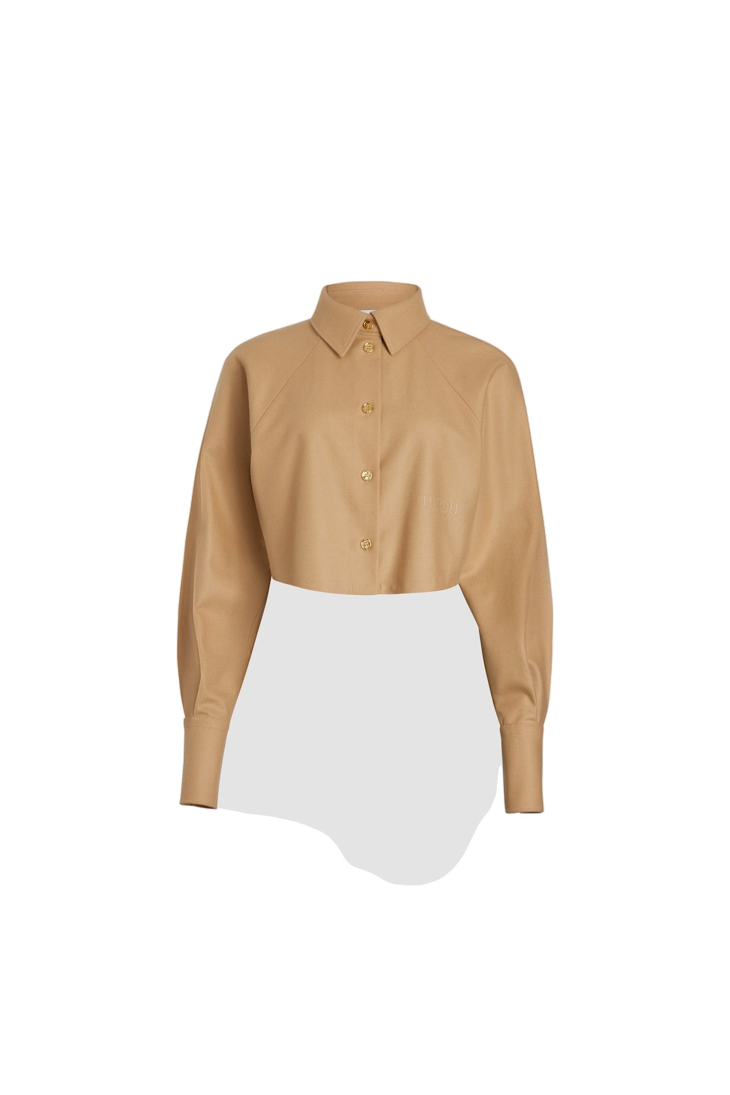 Patou Cropped shirt in Gray Sand sustainable wool blend | Tops | Coveti Patou Cropped shirt in Gray Sand sustainable wool blend